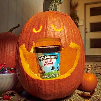 Jack O'Lantern with pint of Half Baked in side